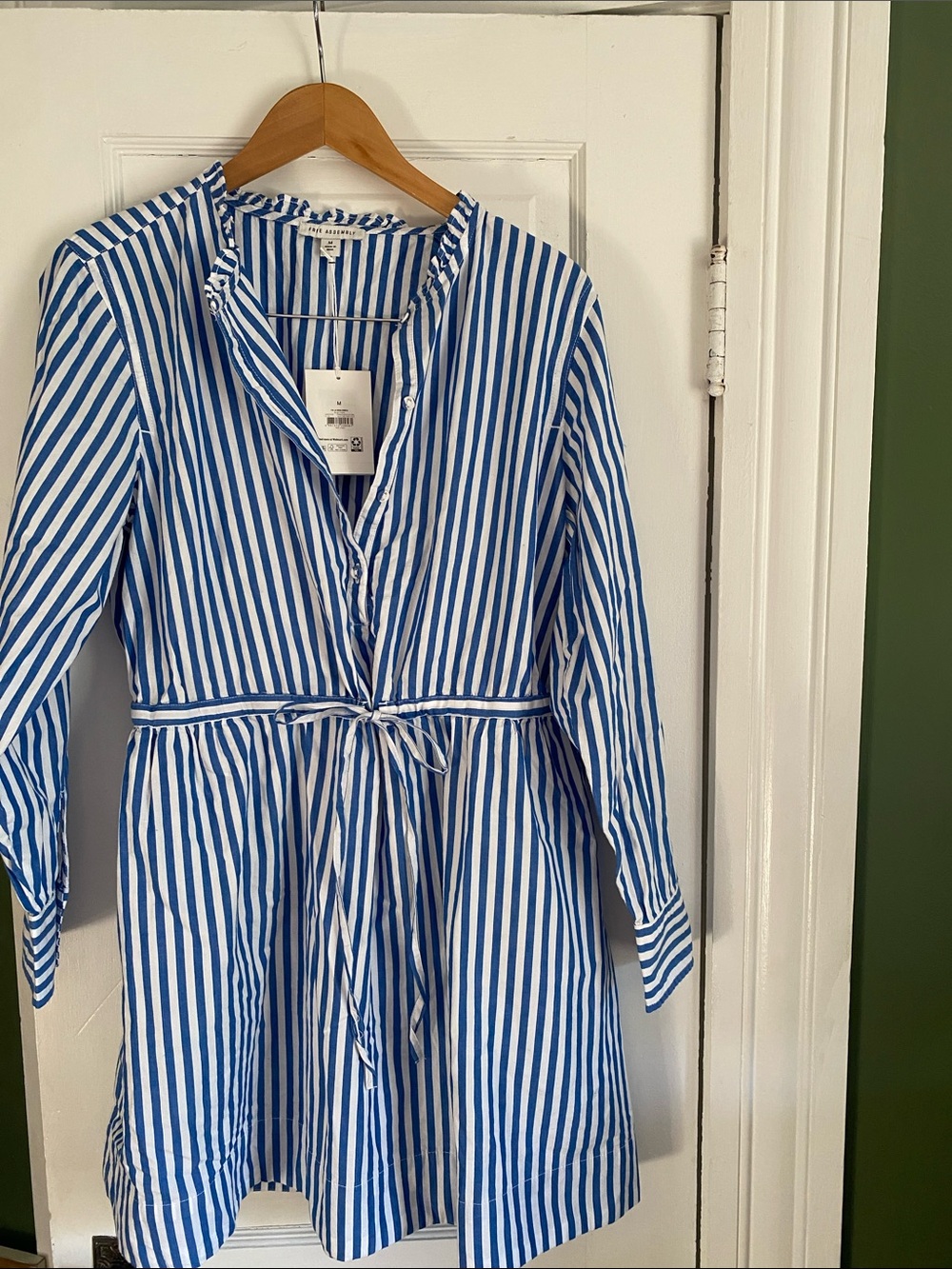 NWT free assembly Blue and White Striped Tie-Waist Long Sleeve Dress size m